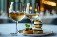 Elegant white wine glasses paired with gourmet appetizers featuring delicate canapes and fresh berries on white plate, restaurant ambiance with soft bokeh lights.