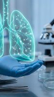 Gloved hand holding a glowing holographic lung model in a laboratory, symbolizing pulmonary research, respiratory medicine, and healthcare innovation.