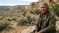 Senior man with long gray hair and Native American heritage, wearing glasses and brown jacket, sitting in desert landscape with canyon rock formations and sparse vegetation in background, portrait of indigenous elder in natural outdoor setting.