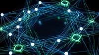Digital network connections with glowing nodes and data pathways on dark background for technology and communication concepts.