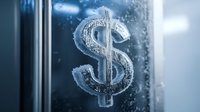 Dollar sign symbol frozen in ice with frost patterns and cold blue tones, representing financial freeze, economic winter, or frozen assets in business concept.