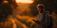 Young Caucasian man in hoodie using smartphone during golden hour sunset outdoors with warm lighting and bokeh background for technology lifestyle content.