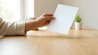 Person holding blank white paper sheet at wooden desk with small potted plant and natural window light for mockup and branding purposes.