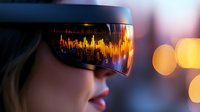 Futuristic augmented reality glasses with orange sound wave reflection. Woman wearing smart technology visor displaying audio visualization against blurred city lights.