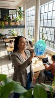 Young woman of Latin American descent, wearing a beige blazer and jeans, smiling while holding a glowing blue holographic icon in a modern office workspace surrounded by plants and colleagues working at wooden desks.