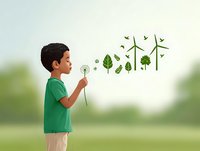 Young boy in green shirt blowing dandelion that transforms into environmental symbols with wind turbines and leaves, representing renewable energy concepts.