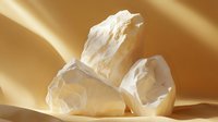 Raw white calcite mineral chunks on golden background with dramatic shadows and light. Natural crystal formation showcases geometric shapes and translucent properties.