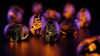 Golden circuit board spheres with glowing purple lights creating futuristic technology concept for digital innovation and electronic design projects.