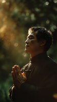 Profile of mature Asian man in traditional clothing praying with hands clasped, illuminated by golden sunlight filtering through forest backdrop.