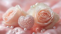 Delicate peach roses with crystal heart and pearl decorations on soft pink silk background, romantic wedding concept with dreamy bokeh effect.