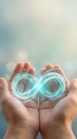 Hands holding glowing infinity symbol with turquoise light effect against blurred background. Represents endless possibilities, sustainability, and continuous growth for business and technology concepts.