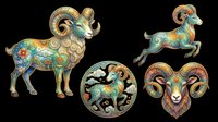 Ornate Aries ram zodiac clipart set with colorful swirl patterns, isolated on transparent background, ready for stickers, T-shirts, and print on demand.