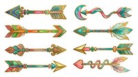 Colorful tribal arrows with feather details and ornamental designs, isolated on white background. Perfect for tribal-themed graphics, t-shirt designs, and decorative projects.