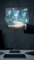 Businessman holding glowing holographic sales funnel dashboard with growth charts and arrows, representing digital marketing strategy and lead conversion analytics.