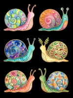 Six colorful ornate snails with decorative patterned shells, isolated on transparent background, ready for stickers, clipart, t-shirt design, and print on demand.
