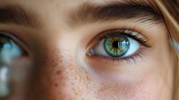Close-up of bright green eye with natural freckles on fair skin. Long eyelashes and defined eyebrow create dramatic macro beauty portrait highlighting unique facial features.