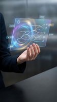 Businesswoman holding holographic tablet displaying growth forecasts, long-term stability data, and strategic planning analytics with glowing neon interface for corporate technology concepts.