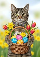 Tabby cat wearing decorative bow tie holding wicker basket filled with colorful Easter eggs and spring flowers including tulips and daffodils in sunny garden setting.
