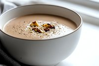 Creamy chocolate smoothie bowl garnished with crushed nuts and cocoa powder in white ceramic bowl against light background, close up view for food blogs.