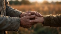 Elderly couple holding hands outdoors during golden hour sunset, showing love, support and togetherness in retirement years with warm natural lighting.