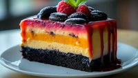 Layered dessert with chocolate cookie base, orange cream filling, raspberry mousse, topped with fresh berries and chocolate cookies, drizzled with sauce on white plate.