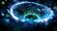 Glowing spiral tunnel of blue light particles and bokeh effects creates futuristic vortex portal against dark background, abstract cosmic design element.