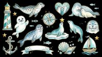 Cute seal clipart set with lighthouse, anchor, sailboat, shell, and compass, isolated on transparent background. Great for stickers, t-shirt design, and print on demand.