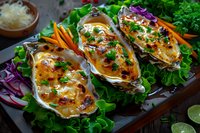 Grilled oysters with melted cheese and herbs served on bed of fresh lettuce, garnished with carrots and red cabbage, close up view of seafood appetizer.
