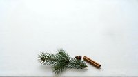 Cinnamon stick and fresh evergreen branch on white surface for holiday and seasonal design projects.
