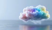 Colorful rainbow cloud floating over reflective water surface against light gray background, creating dreamy atmospheric scene with soft pastel colors and mirror effect.