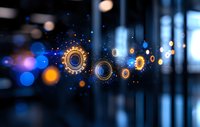 Glowing golden gears with digital particles floating in dark space against blurred blue bokeh background, representing technology and business innovation process.