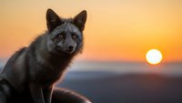 Majestic wolf with piercing blue eyes sits on rocky outcrop during golden sunset hour. Warm orange sky creates dramatic silhouette against mountain landscape backdrop.