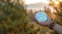 Hand holding glowing spiral orb in forest landscape at sunset, representing energy, magic, technology, and nature connection for wellness and spiritual concepts.