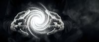 Hands cupping glowing spiral energy vortex with mystical light rays and cosmic swirls for spiritual healing meditation and metaphysical concepts.