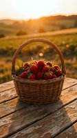 Fresh strawberries in wicker basket on wooden table at sunset with golden countryside landscape background for organic farming and harvest concepts.