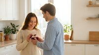 Young Caucasian couple in modern kitchen, man proposing with engagement ring box, woman smiling with joy, romantic marriage proposal moment at home.