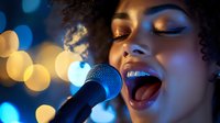 Young African American female vocalist performing with passion, eyes closed, singing into microphone against blurred bokeh lights background, emotional musical performance.