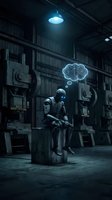 Humanoid robot sitting in industrial factory warehouse with glowing thought bubble above head showing artificial intelligence thinking process.