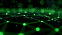 Glowing green network connections with bokeh lights on dark background, digital technology concept visualization for business presentations.