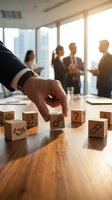 Businessman hand selecting wooden cube with gear icon from business symbol blocks on conference table with team meeting in background office.