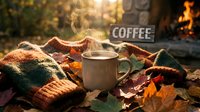 Steaming mug of hot coffee surrounded by colorful autumn leaves, cozy knit scarf, and warm fireplace in golden fall outdoor setting.