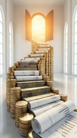 Staircase made of stacked golden coins and rolled documents leading to bright doorway symbolizing financial success and knowledge pathway to prosperity.