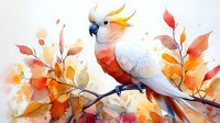White and orange cockatoo perched on branch with autumn leaves in watercolor style, soft orange and red foliage background creates dreamy nature scene.