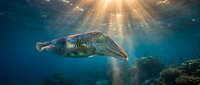 Cuttlefish swimming in deep blue ocean water with sunbeams streaming down from surface, marine life underwater scene with coral reef background.