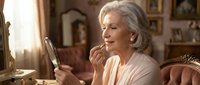 Elegant senior Caucasian woman applying lipstick while looking in handheld mirror in luxurious vintage bedroom interior for beauty and aging gracefully concepts.