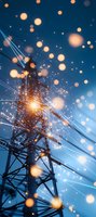 Electrical power transmission tower with sparking wires against blue sky, glowing bokeh lights and energy discharge creating dramatic atmospheric effect.