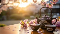 Traditional Japanese tea ceremony setup with cherry blossoms at golden hour sunset. Ceramic teapot and cups on wooden table for cultural dining experience.