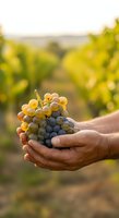 Farmer holding fresh white wine grapes in hands at vineyard during harvest season with blurred grapevines in background. Agriculture and winemaking.
