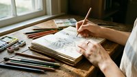 Artist hands sketching portrait in sketchbook with colored pencils on wooden desk by window creating detailed artwork for creative projects and artistic expression.