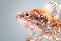 Elegant rose gold glass koi fish sculpture with intricate fins and detailed scales against soft gray background, showcasing delicate craftsmanship and artistic design.
